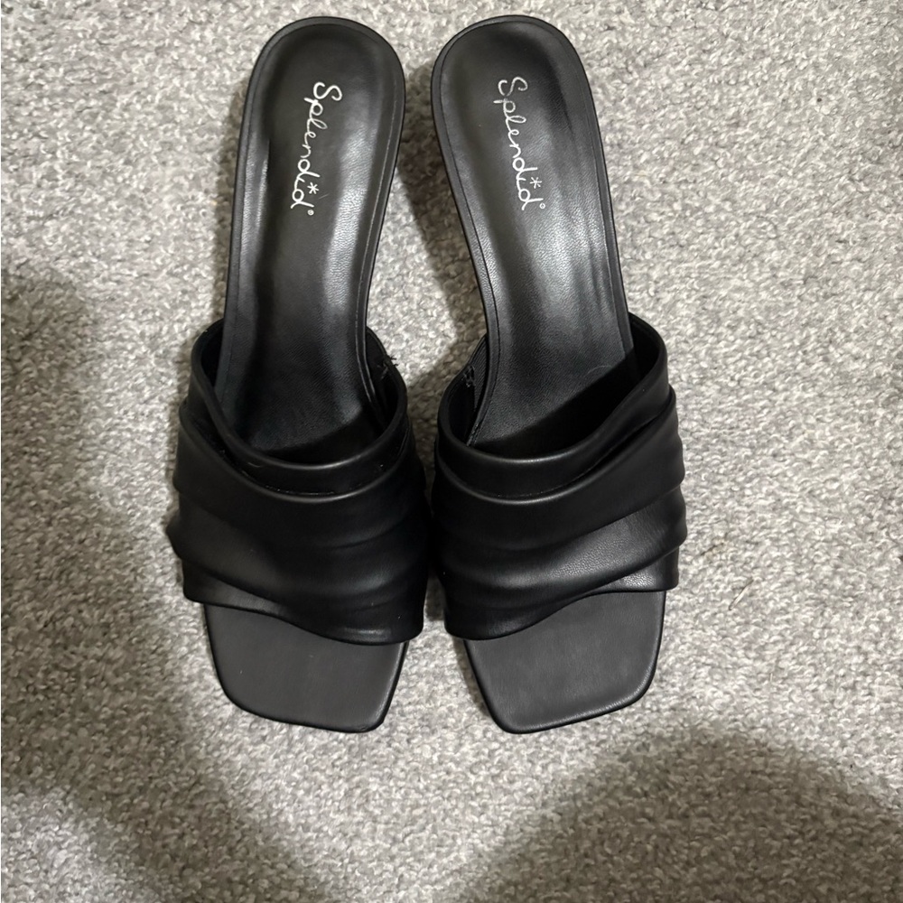 Splendid Black Leather Kitten Heel Sandals